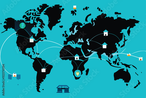 World map with connected lines representing global refugee support network.