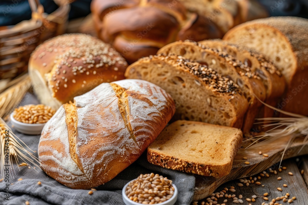 Variety of whole grain bread on wooden background.