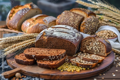 Variety of whole grain bread on wooden background.