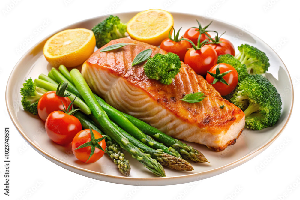 Roasted salmon steak with asparagos broccoli carrot tomatoes radish green beans and peas png Roasted salmon steak with asparagos broccoli carrot tomatoes radish green beans and peas png
