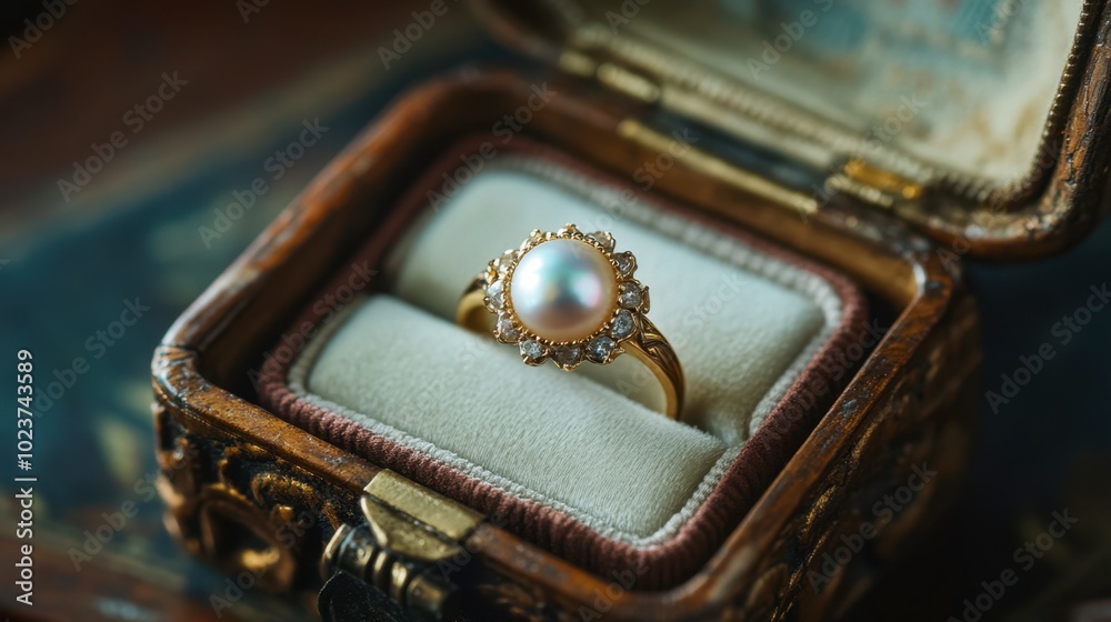 A pearl ring in a decorative box, ready to be given as a thoughtful gift for a special occasion. A pearl ring in a decorative box, ready to be given as a thoughtful gift for a special occasion.