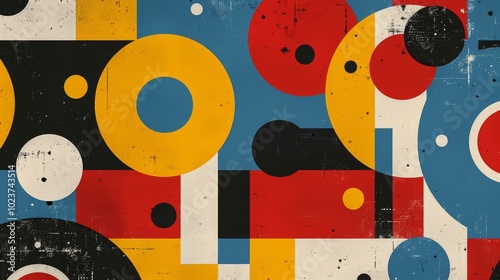 Abstract geometric Bauhaus pattern poster featuring bold shapes and primary colors. Minimalist design. Vector art