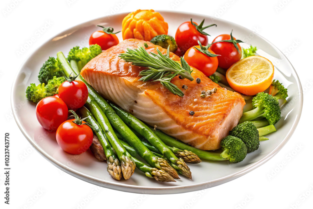 Roasted salmon steak with asparagos broccoli carrot tomatoes radish green beans and peas png Roasted salmon steak with asparagos broccoli carrot tomatoes radish green beans and peas png