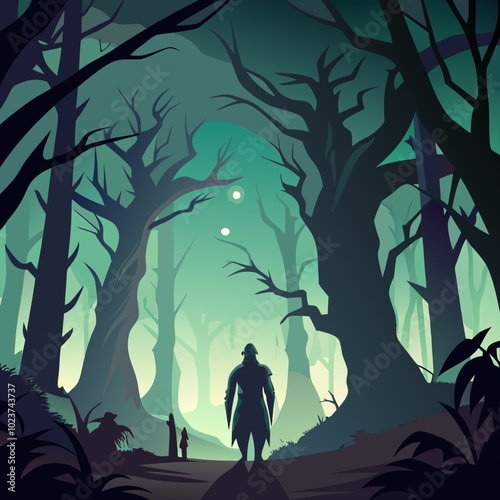 Spooky Figure in Cloak Under Moonlit Tree with Sharp Branches Illustration