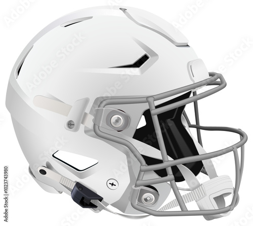 Realistic white 3D helmet for American Football with gray mask and chin strap
