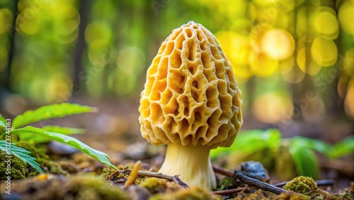 Medium shot of yellow morel mushroom Morchella esculenta fruiting body collected in a backyard in Indiana