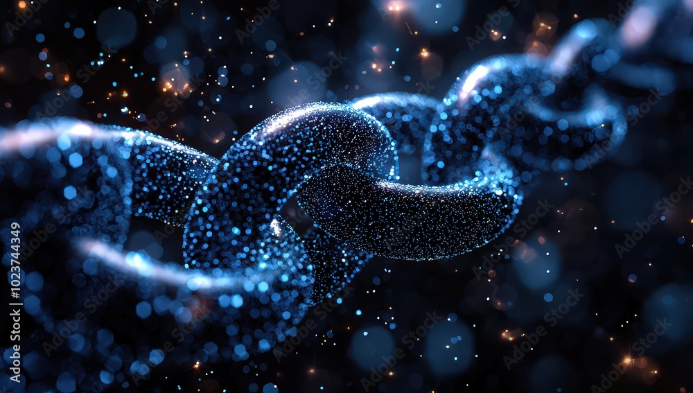 A close-up of the digital chain, with blue and white data particles flowing through it. A close-up of the digital chain, with blue and white data particles flowing through it.