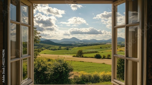 A picturesque countryside view through an open window, with green fields and mountains in the background.