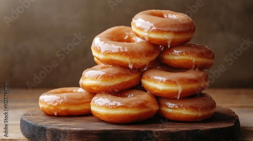 A pile of classic glazed donuts stacked high, with a warm glaze dripping down the sides.