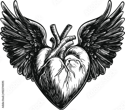 Anatomical heart with wings. Tattoo sign,symbol.