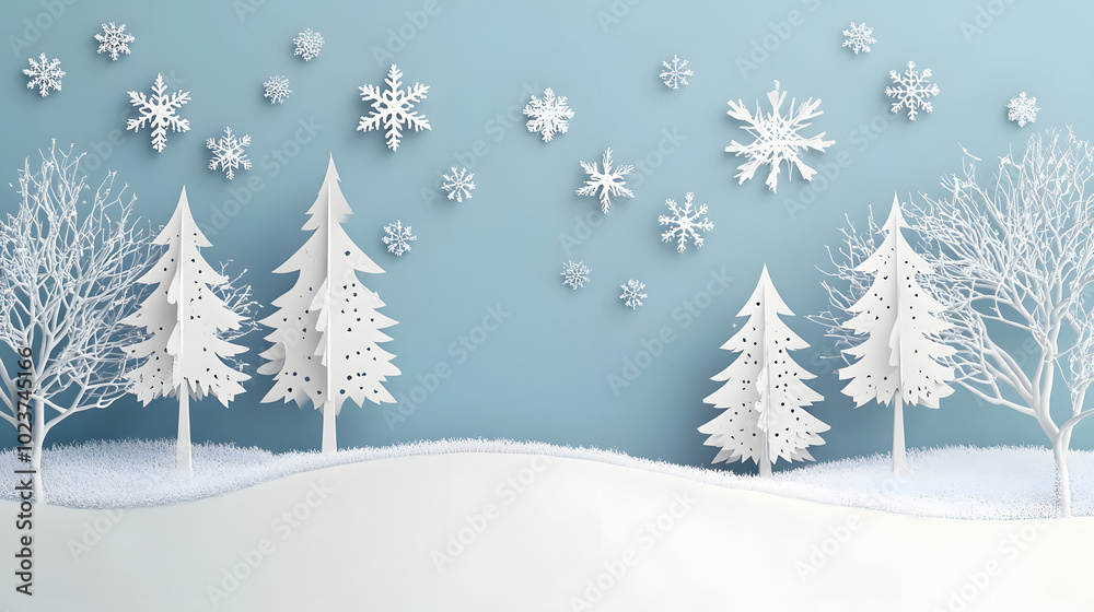 Winter wonderland with paper cut trees and snowflakes against a light blue background Winter wonderland with paper cut trees and snowflakes against a light blue background
