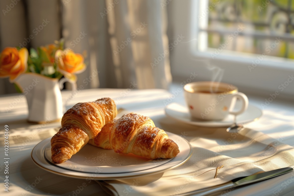 image of breakfast with croissants and coffee