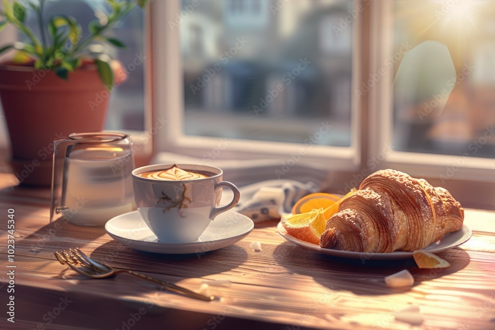 image of breakfast with croissants and coffee image of breakfast with croissants and coffee