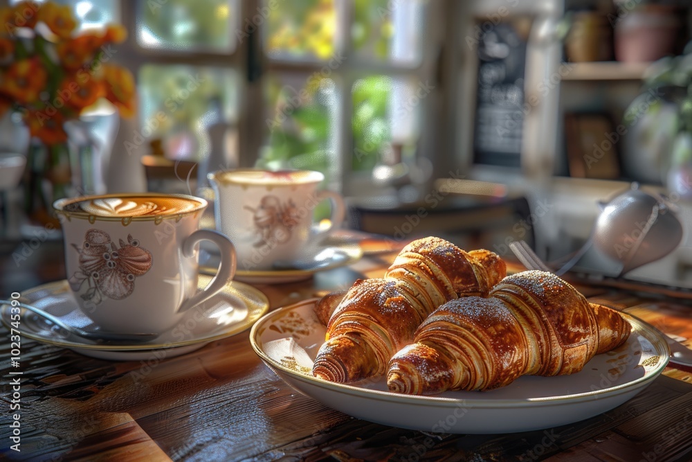 image of breakfast with croissants and coffee image of breakfast with croissants and coffee