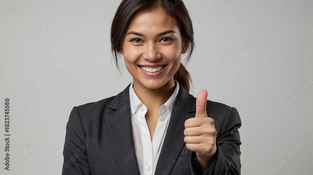 A beautiful office woman in formal attire giving a thumbs-up to the camera, smiling confidently. Isolated on White background A beautiful office woman in formal attire giving a thumbs-up to the camera, smiling confidently. Isolated on White background