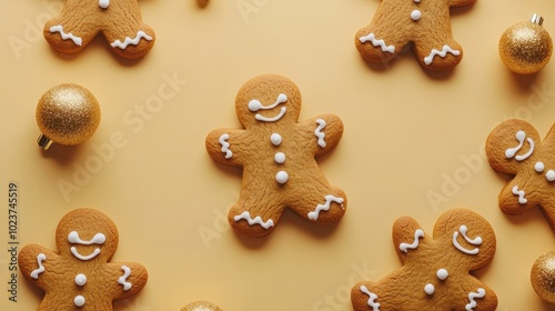 Festive Gingerbread Cookies and Golden Ornaments on Warm Background