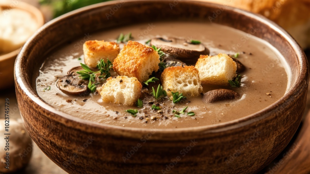 A savory mushroom soup, topped with croutons and fresh herbs, served in a rustic bowl. A savory mushroom soup, topped with croutons and fresh herbs, served in a rustic bowl.