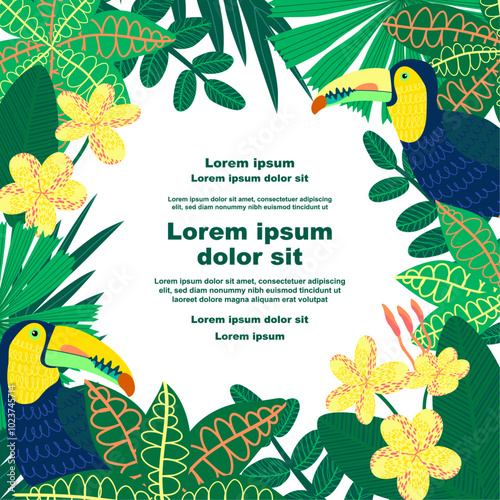 Illustration of a botanical background featuring toucan birds and various tropical leaves and flowers, with a text placeholder. Ideal for social media posts, mobile apps, banner design, and web