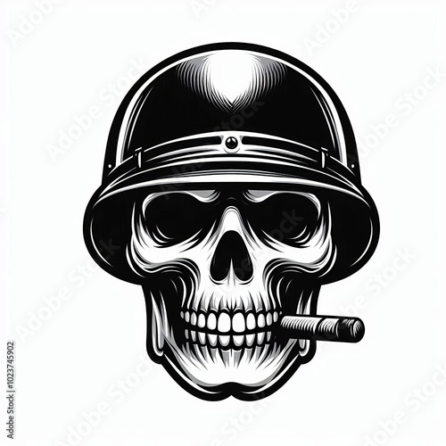 simple image of a skull in a military helmet with a cigar isolated on a white background, in logo or icon style