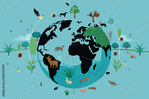 Illustration of a globe showing interconnected global ecosystems with animals and plants.