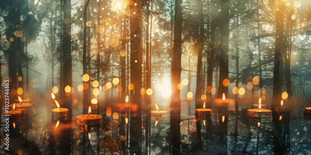 Naklejka premium Double exposure of holiday candles and a serene forest.