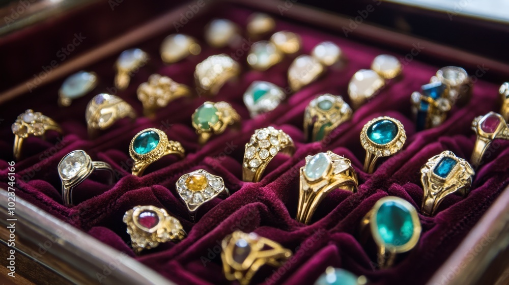 Fototapeta premium A showcase of vintage rings, each with a unique gemstone, arranged in a velvet-lined box.
