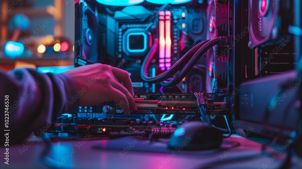 Hands assembling a custom-built PC on a desk Hands assembling a custom-built PC on a desk