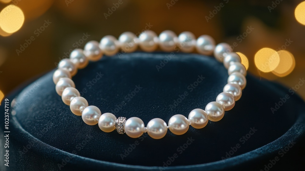 A string of classic white pearls elegantly displayed on a velvet jewelry stand. A string of classic white pearls elegantly displayed on a velvet jewelry stand.