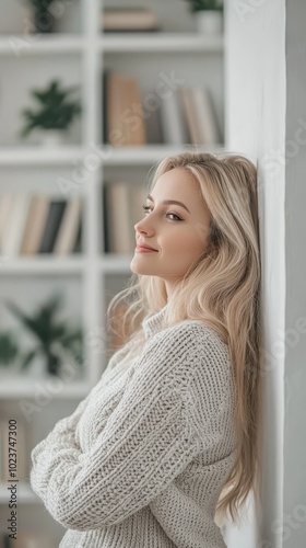 Free Download Young woman in cozy sweater posing near plants, exuding natural beauty and thoughtful expression. - GFXLoad