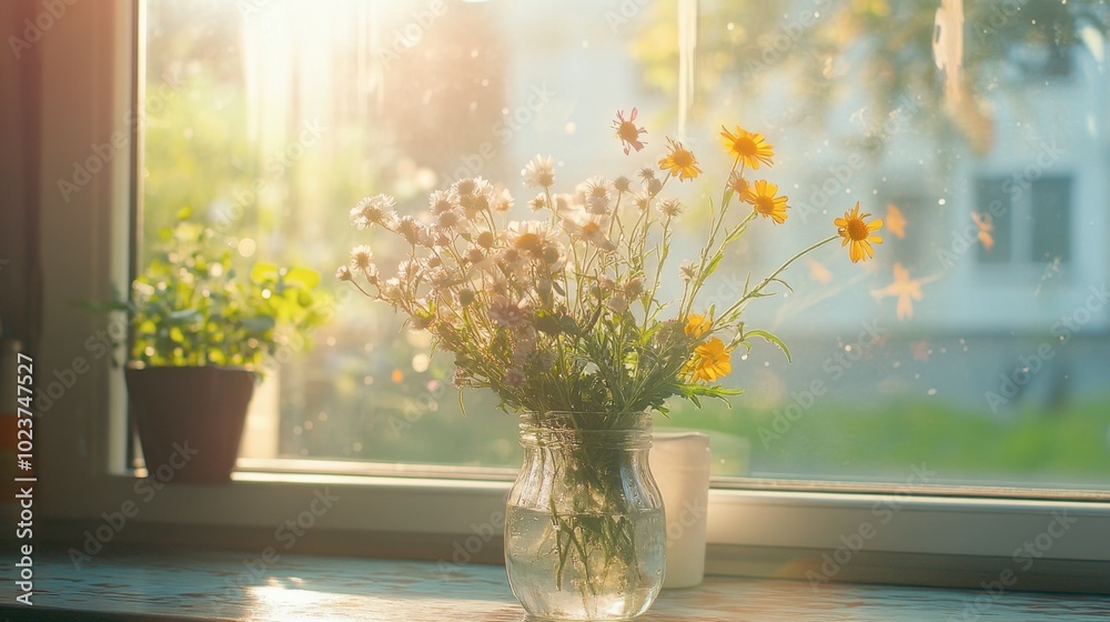 A sunny morning view through a kitchen window, with a vase of freshly picked wildflowers on the sill. A sunny morning view through a kitchen window, with a vase of freshly picked wildflowers on the sill.