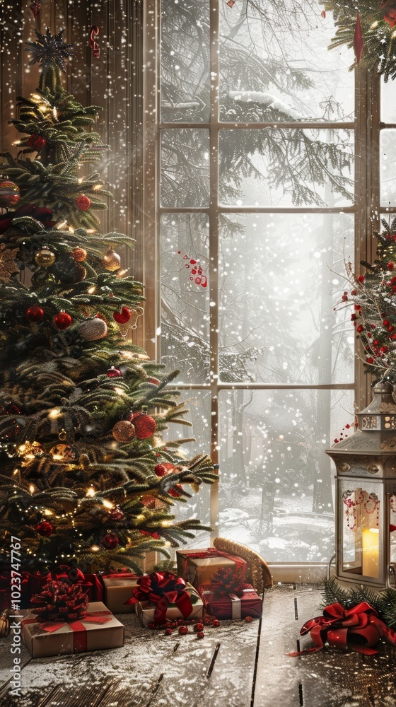 A Christmas tree is surrounded by presents and a lantern. The scene is cozy and festive, with the tree and presents adding to the holiday spirit A Christmas tree is surrounded by presents and a lantern. The scene is cozy and festive, with the tree and presents adding to the holiday spirit