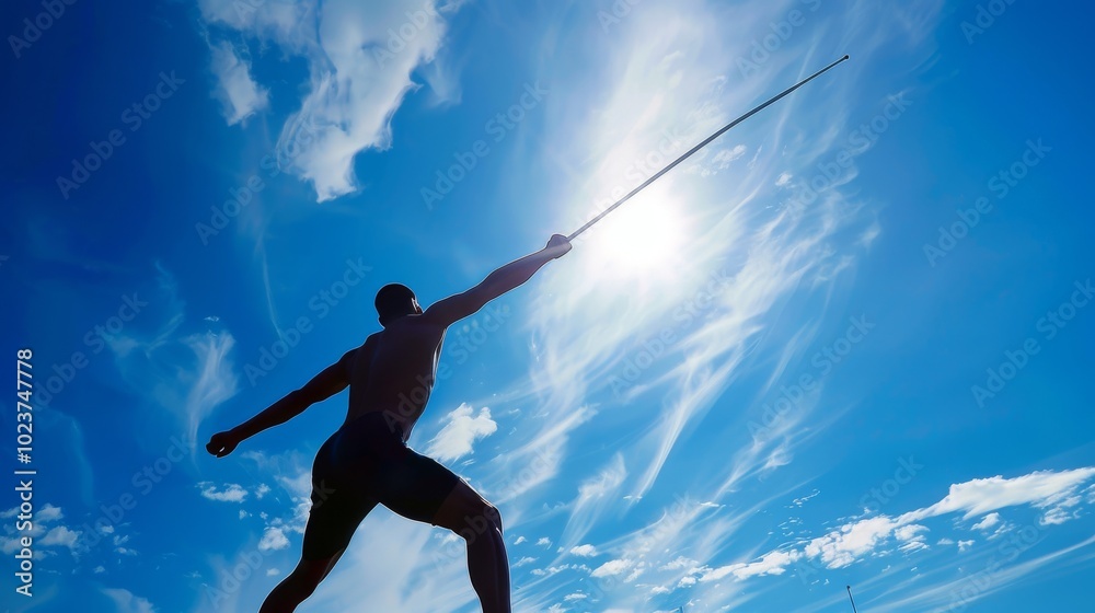 Javelin thrower launching the spear into the air Javelin thrower launching the spear into the air