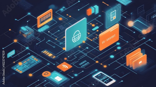 Futuristic Digital Technology Network Concept in Isometric View