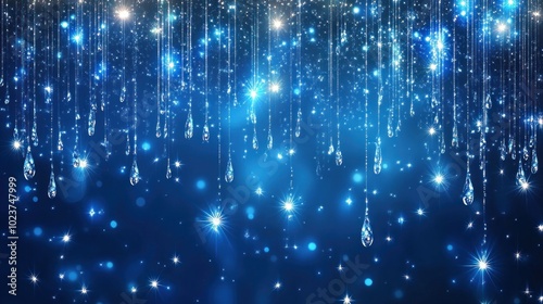 A shimmering blue background with sparkling droplets and light effects.