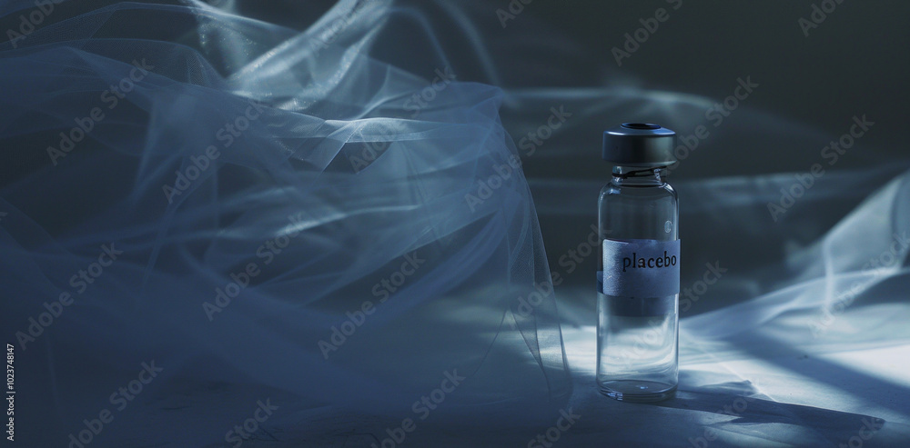 A clear vial labeled placebo is partially obscured by translucent veil in a dimly lit setting, highlighting its concealed effects A clear vial labeled placebo is partially obscured by translucent veil in a dimly lit setting, highlighting its concealed effects