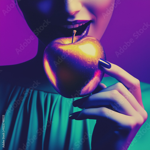 An alluring figure with a shiny apple evokes ideas of temptation under neon glow in a surreal artistic interpretation