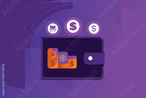 A purple wallet with money inside on a purple background with white circles around it.