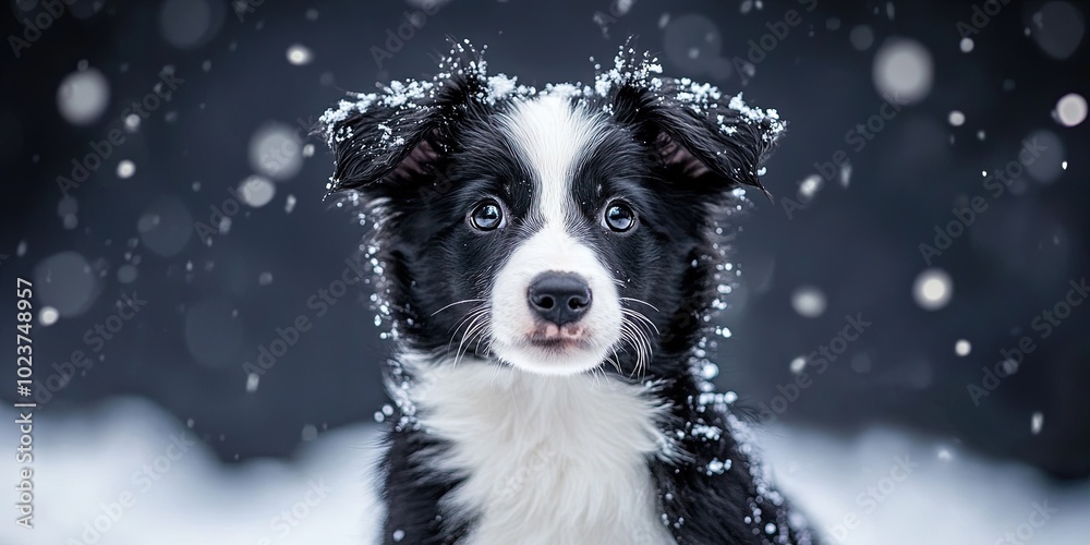 Fototapeta premium border collie puppy in the winter snow 
