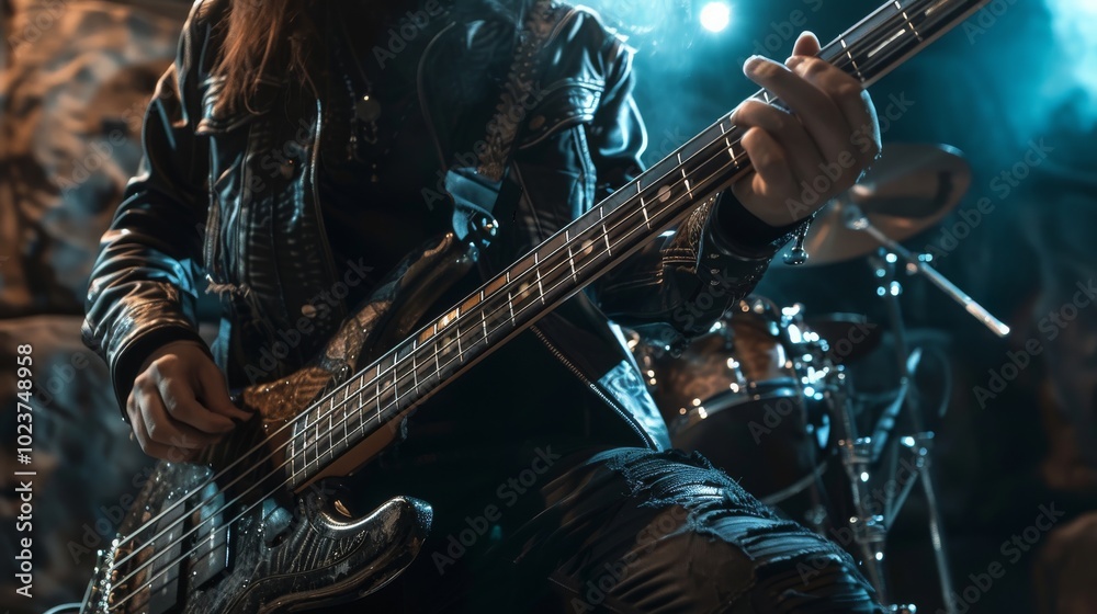Obraz premium Rock bassist playing a powerful riff on stage