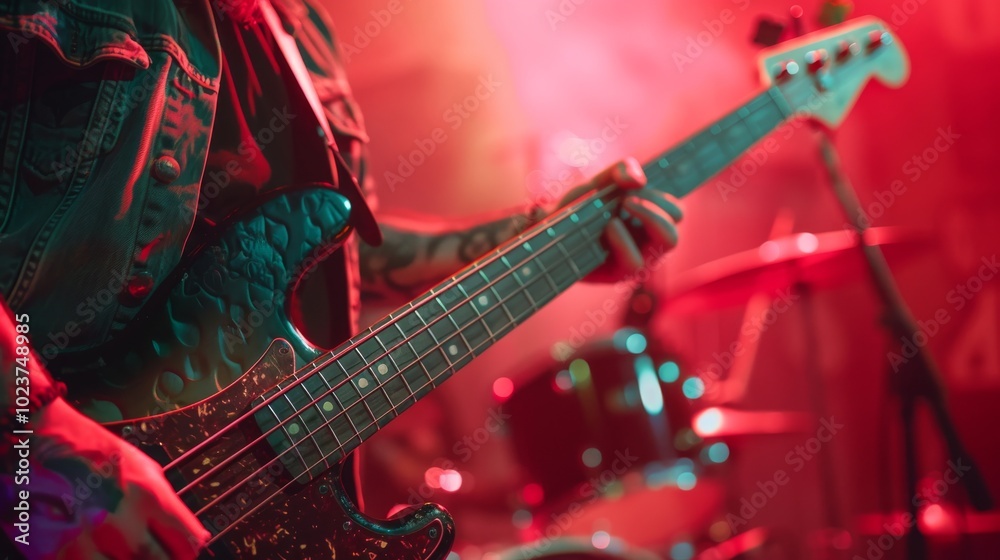 Fototapeta premium Rock bassist playing a powerful riff on stage