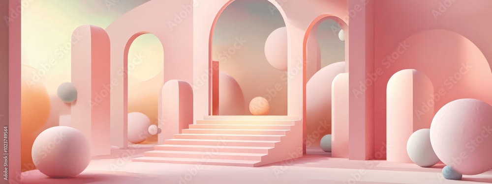 A cozy modern illustration featuring a mystical geometric interior with arches, steps, and spheres in soft pastel colors, creating a tranquil and artistic space. A cozy modern illustration featuring a mystical geometric interior with arches, steps, and spheres in soft pastel colors, creating a tranquil and artistic space.