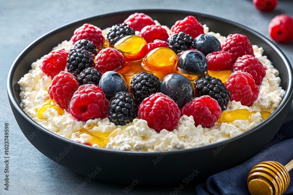 A post-gym scene with a bowl of cottage cheese topped with berries and honey, showcasing an easy, protein-rich snack