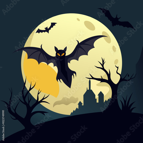 Bats Swarming Haunted Mansion on Moonlit Hill - Halloween Silhouette