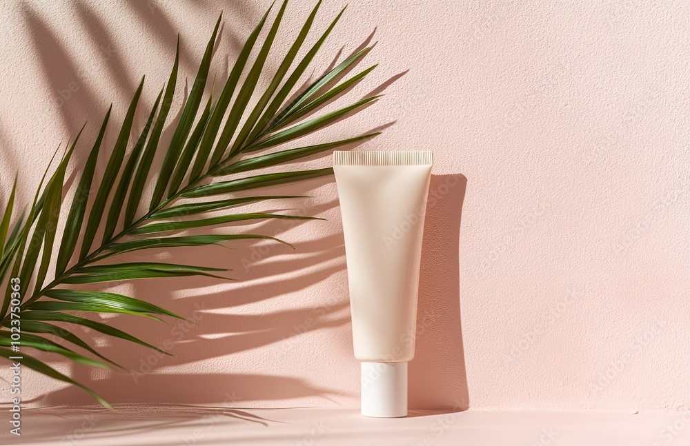 tube face cream spf on textured non-uniform colored background with plant branch, palm tree. warm light, summer mood, place for text tube face cream spf on textured non-uniform colored background with plant branch, palm tree. warm light, summer mood, place for text