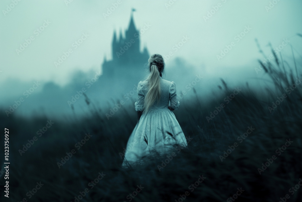 Woman in a misty field gazing at a distant castle, mysterious and atmospheric fantasy scene. Woman in a misty field gazing at a distant castle, mysterious and atmospheric fantasy scene.