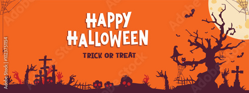 Halloween illustration with spooky sky. There are zombies, trees and undead gravestones that rise because of the full moon.