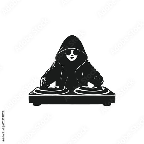 A DJ wearing a black hooded jacket and sunglasses, mixing music on a turntable