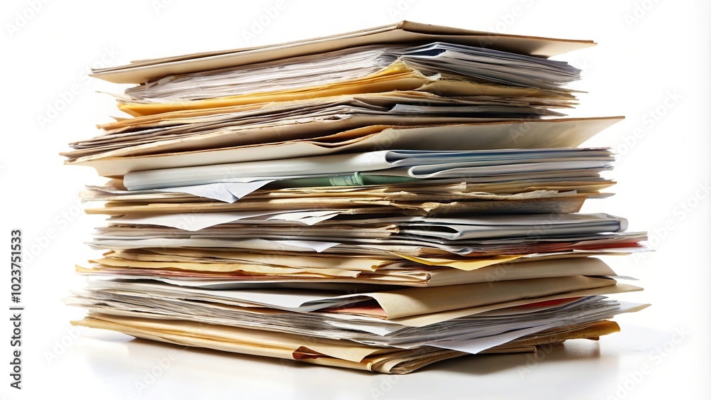 Messy pile of asymmetrical files on white background Messy pile of asymmetrical files on white background