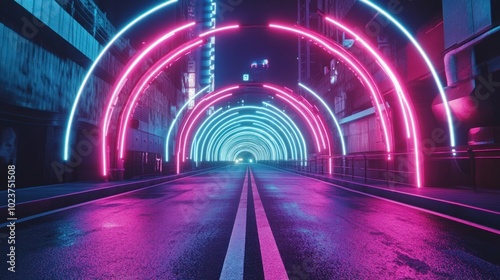 Futuristic city street with glowing neon lights, forming a tunnel.