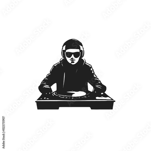 A DJ wearing a black hooded jacket and sunglasses, mixing music on a turntable